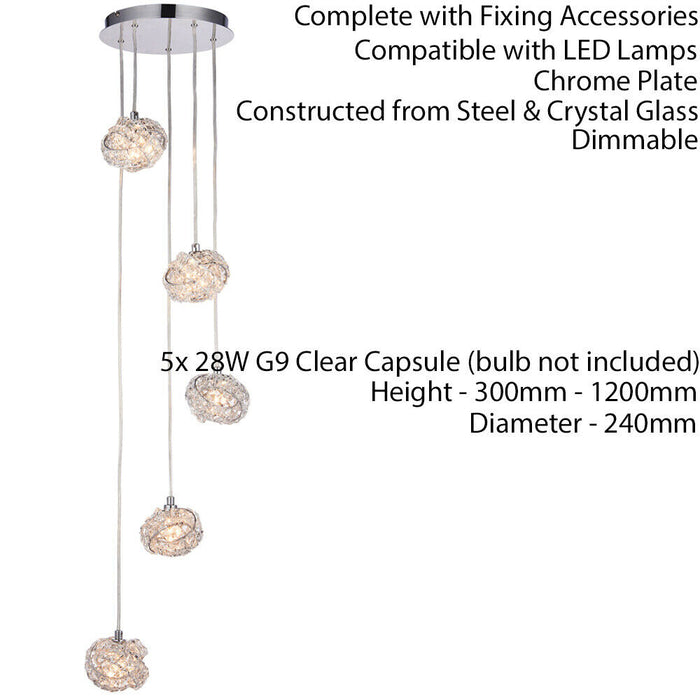 Multi Light Ceiling Pendant 5 Bulb Chrome & Crystal Glass Chandelier Height Lamp Loops
