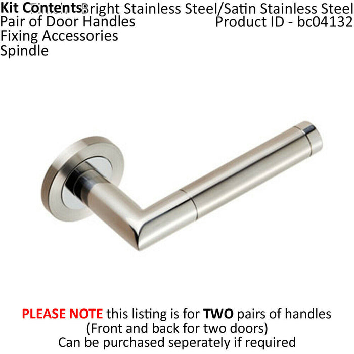 2x PAIR Mitred Round Bar Lever Ringed Design Conceled Fix Polished Satin Steel Loops