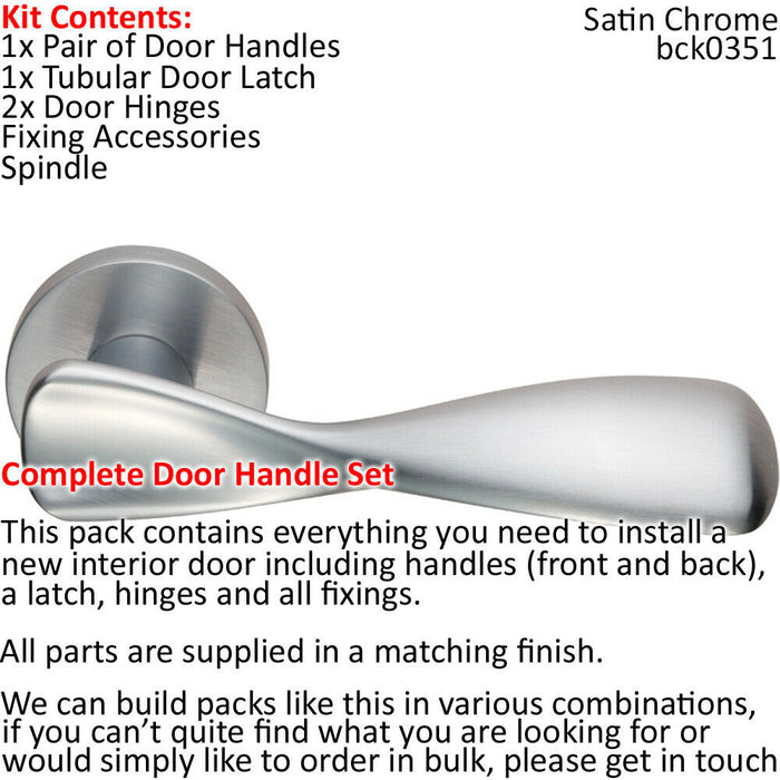 Door Handle & Latch Pack Satin Chrome Smooth Twist Lever Screwless Round Rose Loops
