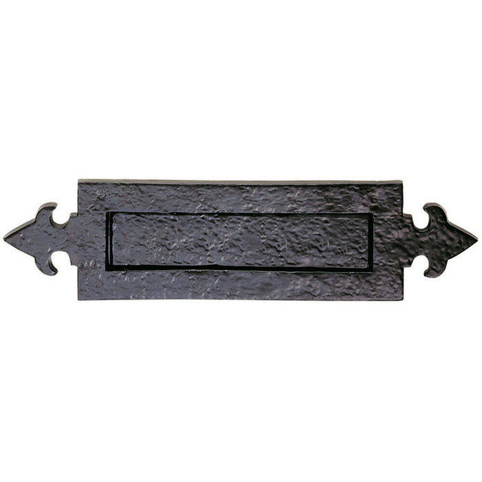 Fleur de Lys Design Letterbox Plate 250mm Fixing Centres Black Antique Finish Loops