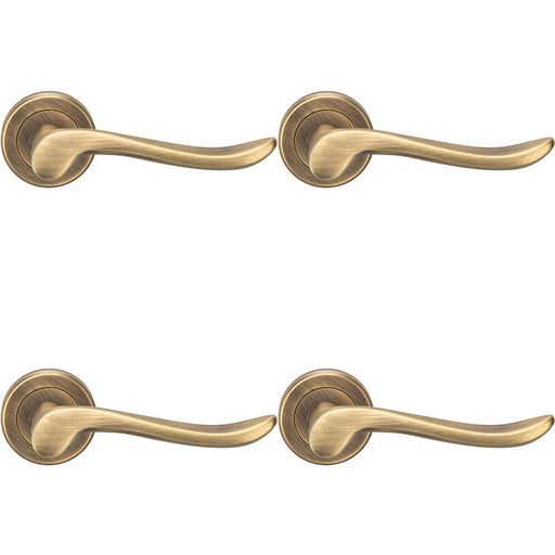4x PAIR Scroll Shaped Lever Handle on Round Rose Concealed Fix Antique Brass Loops