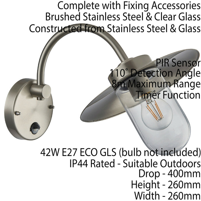 2 PACK IP44 Outdoor Wall Light Brushed Steel Fisherman PIR Lantern Overhang Loops