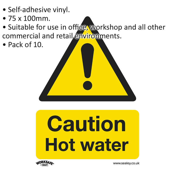 10x CAUTION HOT WATER Health & Safety Sign Self Adhesive 75 x 100mm Sticker Loops