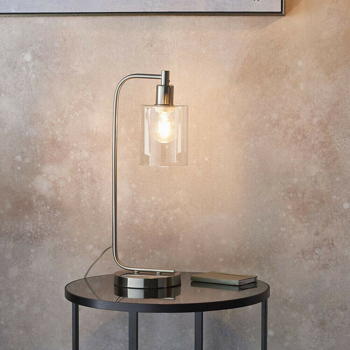 Modern Curved Arm Table Lamp Brushed Nickel & Clear Glass Shade Bedside Light Loops