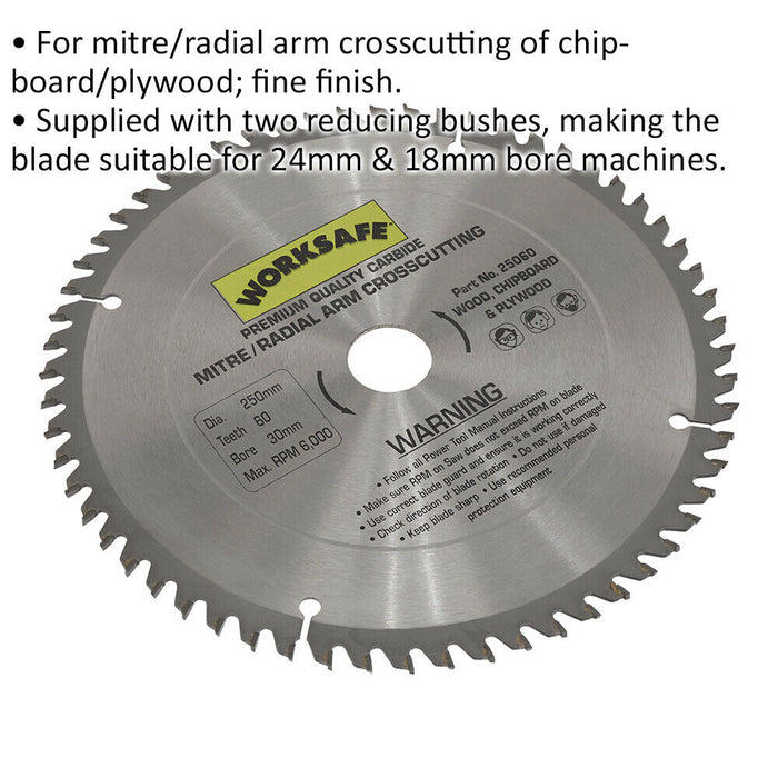 250 x 30mm TCT Saw Blade - 60 TPU - 30mm Bore - Chipboard Plywood Circular Blade Loops