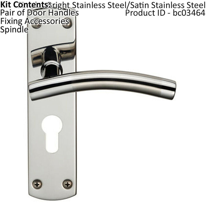 Curved Lever on Euro Lock Backplate Handle 172 x 44mm Polished & Satin Steel Loops