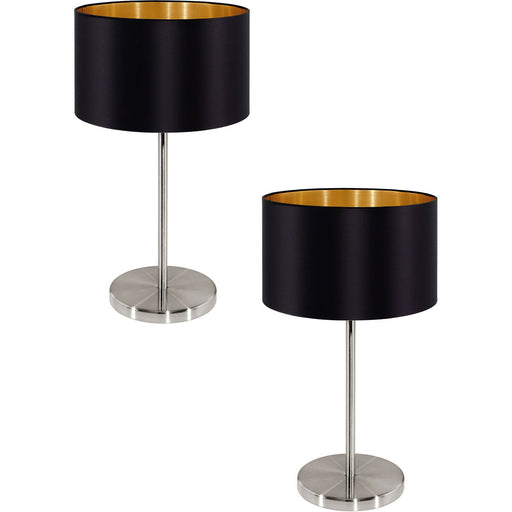 2 PACK Table Lamp Colour Satin Nickel Steel Shade Black Gold Fabric E27 1x60W Loops