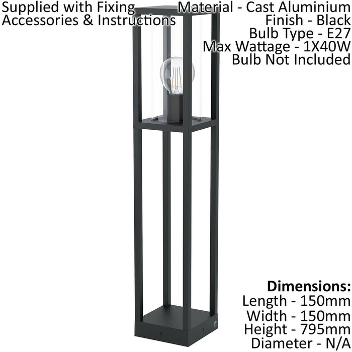 IP44 Outdoor Bollard Light Black Cast Aluminium Box 1 x 40W E27 Tall Lamp Post Loops