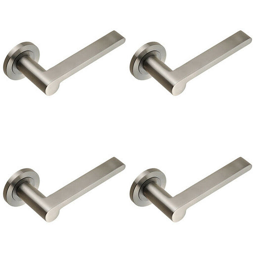 4x PAIR Flat Bar Lever with Rounded End on Round Rose Concealed Fix Satin Steel Loops