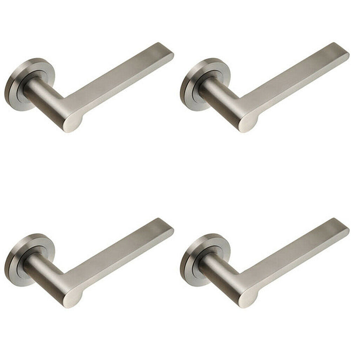 4x PAIR Flat Bar Lever with Rounded End on Round Rose Concealed Fix Satin Steel Loops