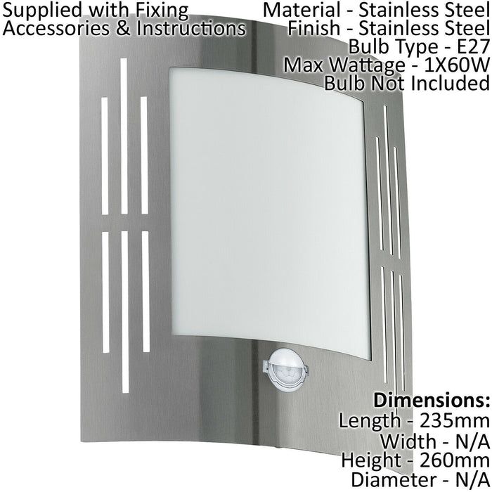 2 PACK IP44 Outdoor Wall Light & PIR Motion Sensor Stainless Steel 60W E27 Loops