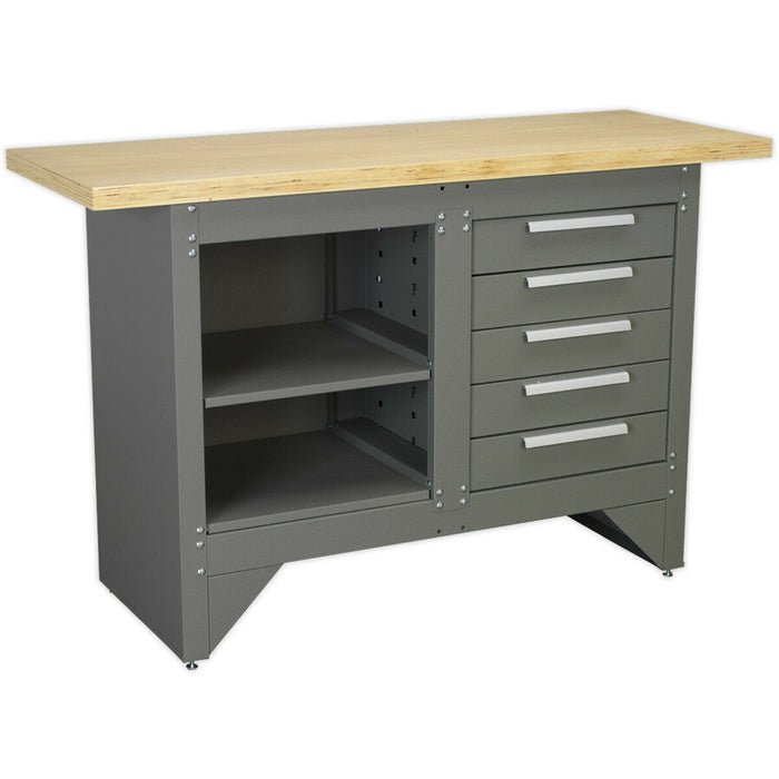 Heavy Duty Steel Workbench - Shelf & 5 Draw Storage - Wooden Work Top Station Loops