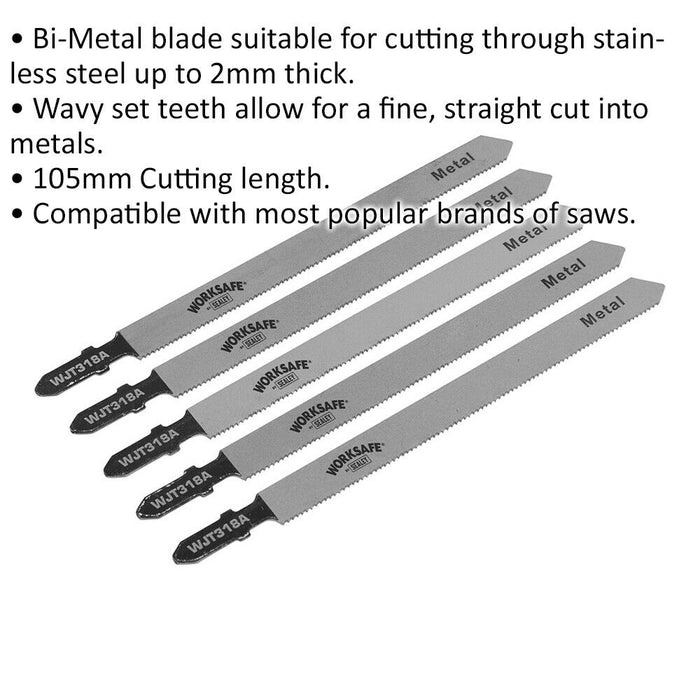 5 PACK 105mm Bi-Metal Jigsaw BLADE - 21 TPI - Wavy Set Teeth Metal Saw Blade Loops