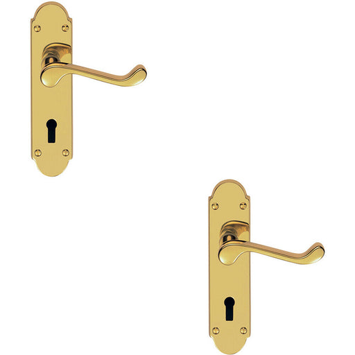 2x PAIR Victorian Upturned Handle on Lock Backplate 170 x 42mm Polished Brass Loops