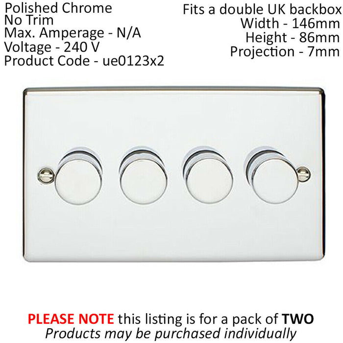 2 PACK 4 Gang 400W 2 Way Rotary Dimmer Switch CHROME Light Dimming Plate Loops