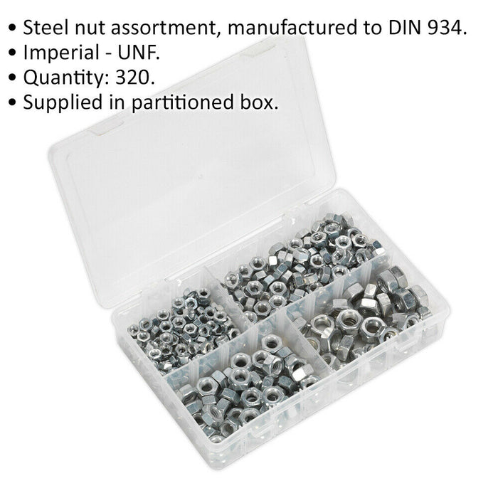 320 Piece Steel Nut Assortment - 1/4" to 1/2" UNF - Partitioned Storage Box Loops