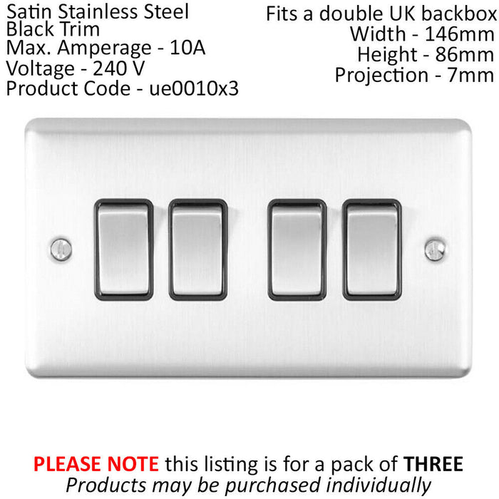 3 PACK 4 Gang Quad Metal Light Switch SATIN STEEL 2 Way 10A Black Trim Loops