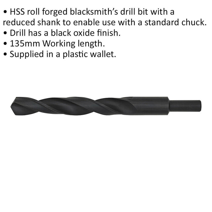 20.5 x 200mm HSS Roll Forged Blacksmith Drill Bit - Reduced Shank - 135mm Flute Loops