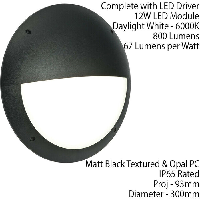 IP65 Outdoor Round Wall Ceiling Lamp Matt Black Eyelid Bulkhead 12W Daylight LED Loops