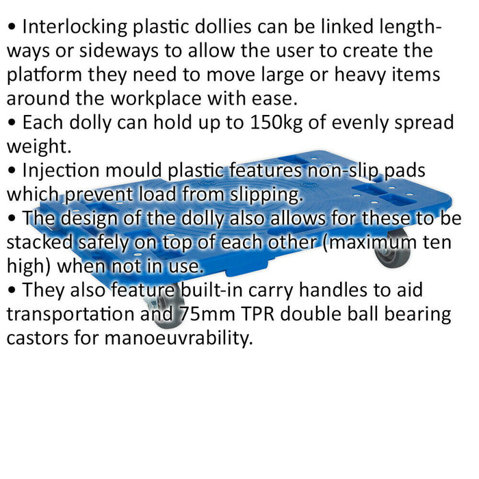 Interlocking Plastic Dolly - 150kg Capacity - Built In Carry Handles - Non Slip Loops