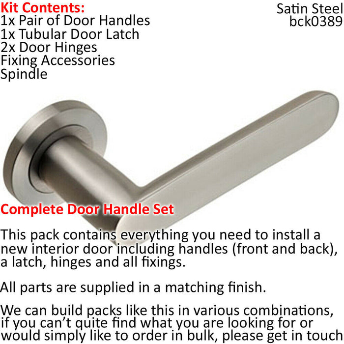 Door Handle & Latch Pack Satin Steel Flat Faced Lever Screwless Round Rose Loops