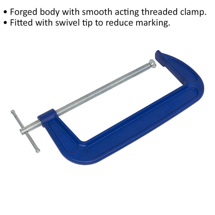 300mm Heavy Duty Forged G-Clamp - 25mm Throat - Threaded Screw Clamp Swivel Tip Loops