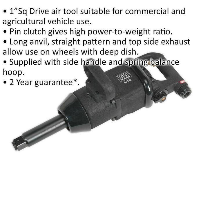 Straight Air Impact Wrench with Side Handle - 1 Inch Sq Drive - Long Anvil Loops