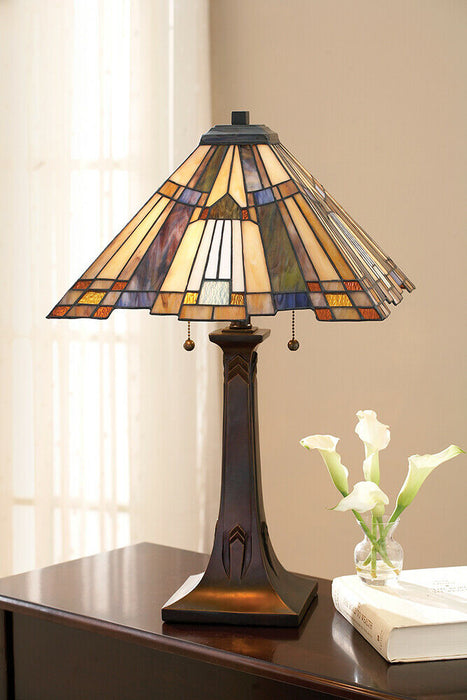 2 Bulb Table Lamp Pyramid Shape Tiffany Style Glass Valiant Bronze LED E27 60W Loops