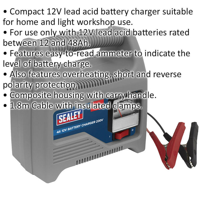 4A Lead Acid Battery Charger - 12 Volt - Ammeter Display - 230V Power Supply Loops