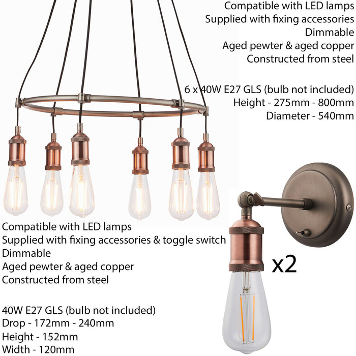 6 Lamp Ceiling Pendant & 2x Matching Wall Light Pack Tarnished Aged Copper Kit Loops