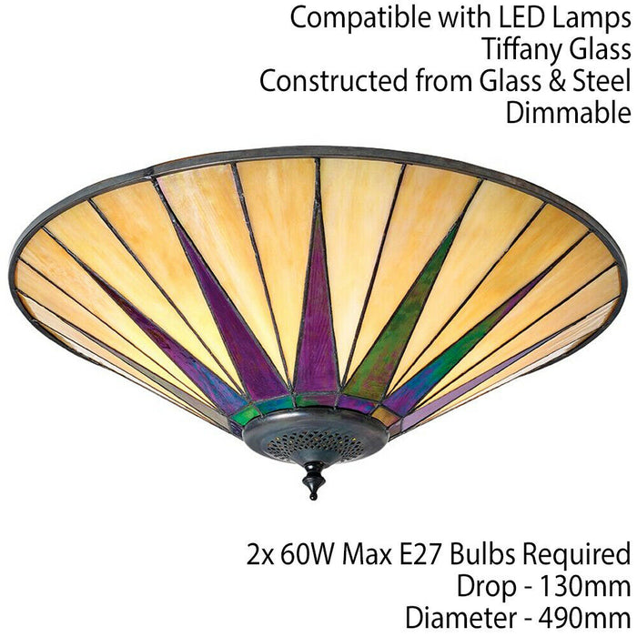 Tiffany Glass Semi Flush Ceiling Light Large Round Cream Inverted Shade i00041 Loops