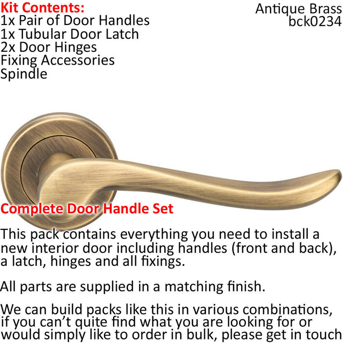 Door Handle & Latch Pack Antique Brass Scroll Lever Screwless Round Rose Loops