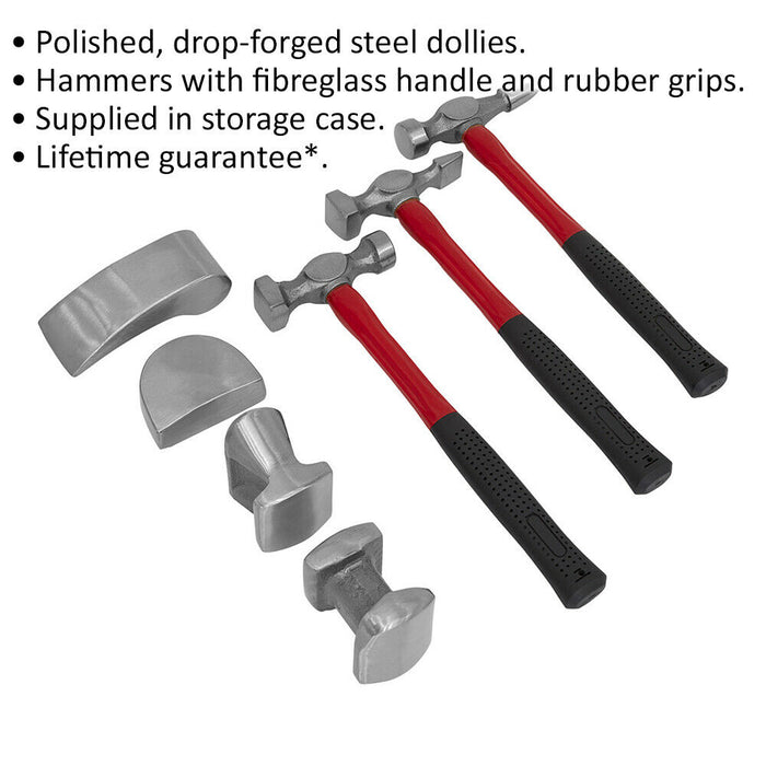 7 Piece Drop Forged Panel Beating Set - Fibreglass Shafts - Rubber Grips Loops