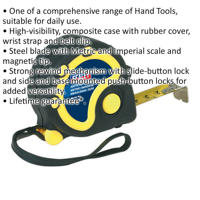 5m Rubber Tape Measure - Composite Case - Belt Clip - Slide-Button Lock Loops