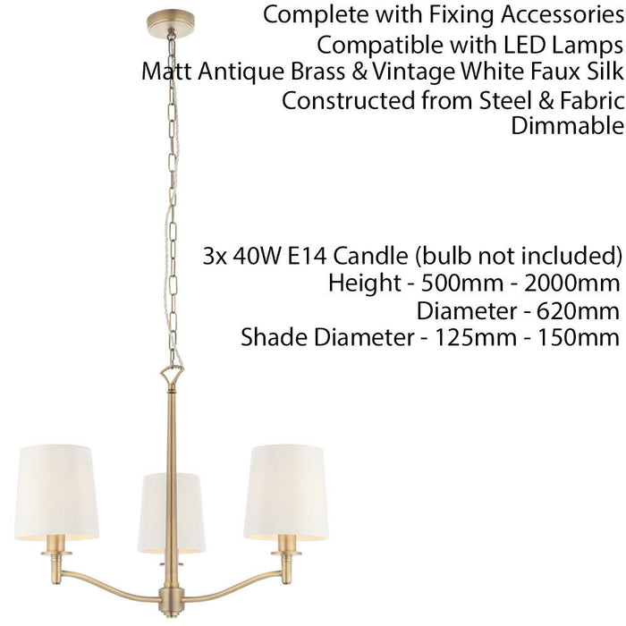 Multi Light Ceiling Pendant 3 Bulb ANTIQUE BRASS & WHITE Chandelier Lamp Shade Loops