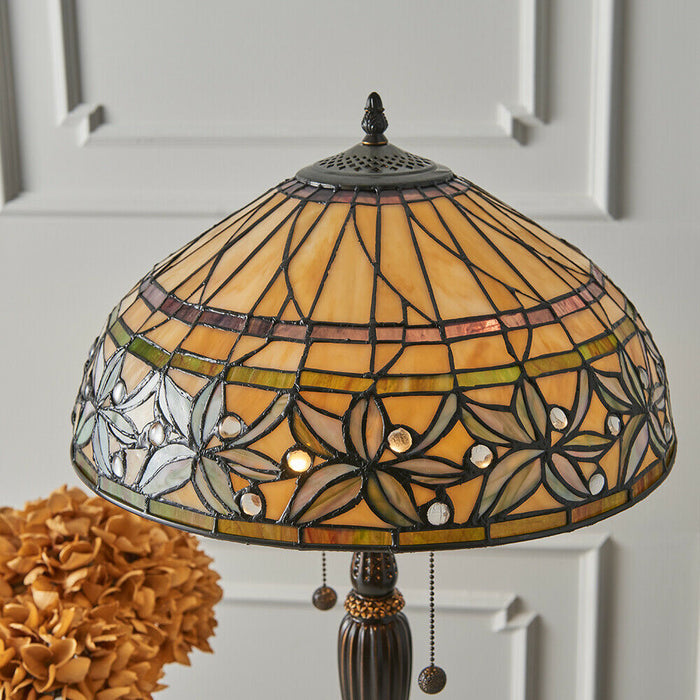 Floral Tiffany Glass Table Lamp - Mottled Glass & Dark Bronze Finish - LED Lamp Loops