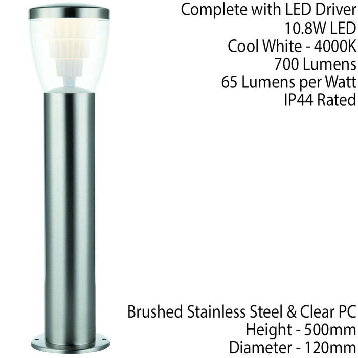 500mm Outdoor LED Lamp Post Bollard Round Brushed Steel 10W Cool White Light Loops