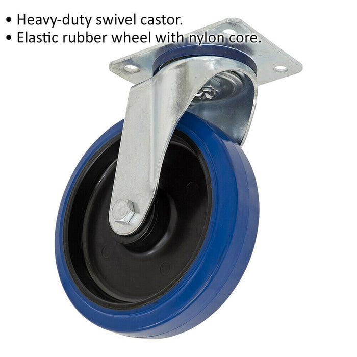 160mm Heavy Duty Swivel Plate Castor Wheel - 50mm Tread Elastic with Nylon Core Loops