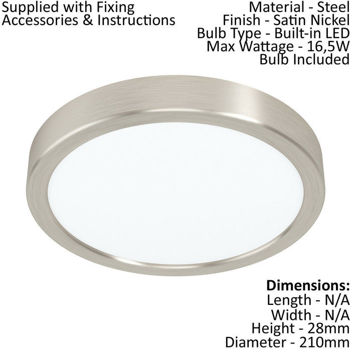 Wall / Ceiling Light Satin Nickel 210mm Round Surface Mounted 16.5W LED 3000K Loops