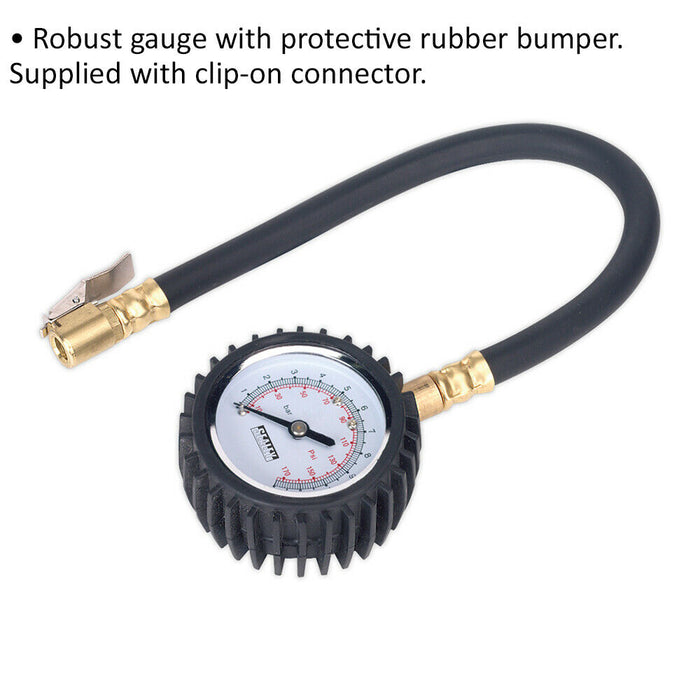 100psi Premium Tyre Pressure Gauge with Clip-On Connector - Rubber Bumper Reader Loops