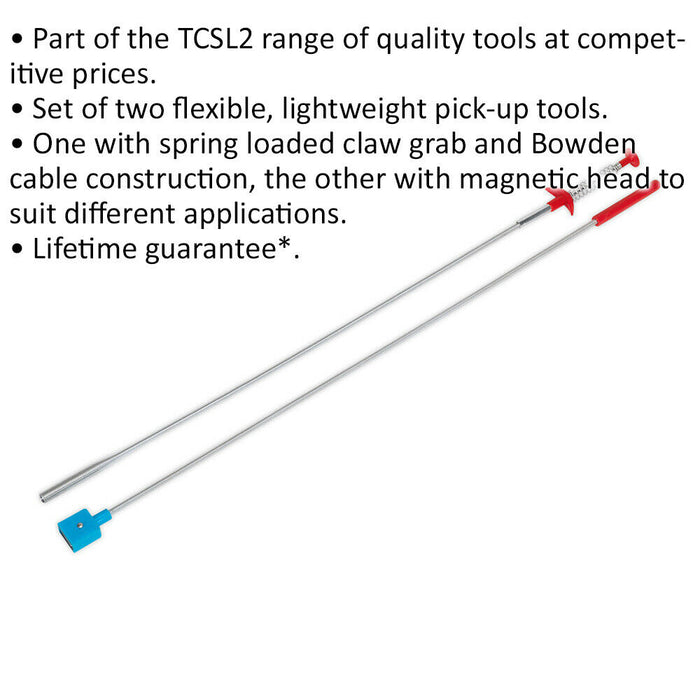 2 Piece 610mm Flexible Pick Up Tool Set - Spring Loaded Claw - Magnetic Head Loops