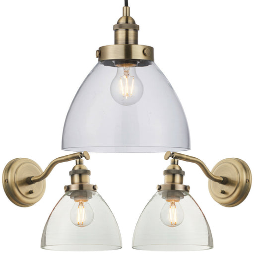 Ceiling Pendant & 2x Matching Wall Light Pack Antique Brass & Clear Glass Shade Loops