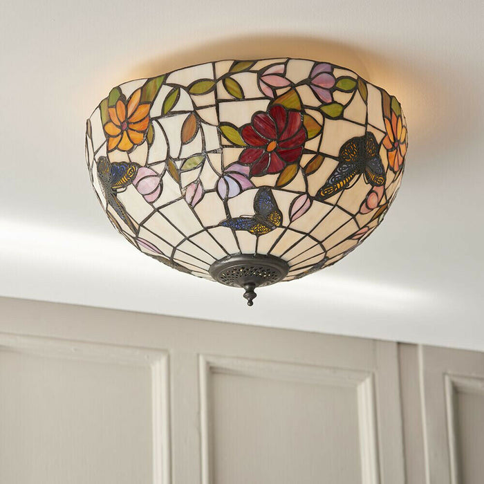 Tiffany Glass Semi Flush Ceiling Light Butterfly Round Inverted Shade i00037 Loops