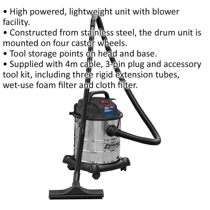 1200W Wet & Dry Vacuum Cleaner - 20L Stainless Steel Drum -  Accessory Tool Kit Loops