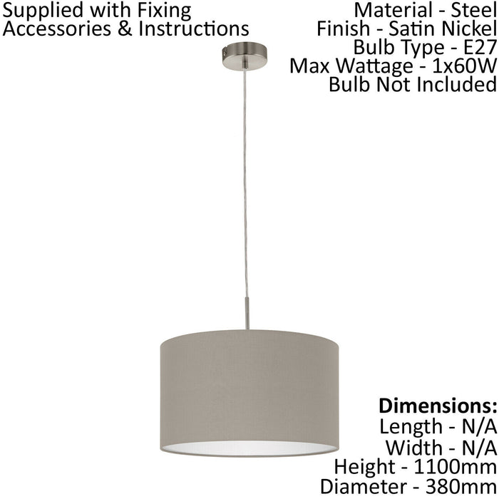 Ceiling Pendant Light & 2x Matching Wall Lights Satin Nickel Taupe Fabric Shade Loops