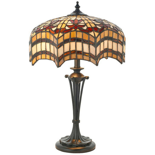 Tiffany Glass Table Lamp Light Dark Bronze & Multi Colour Scalloped Shade i00231 Loops
