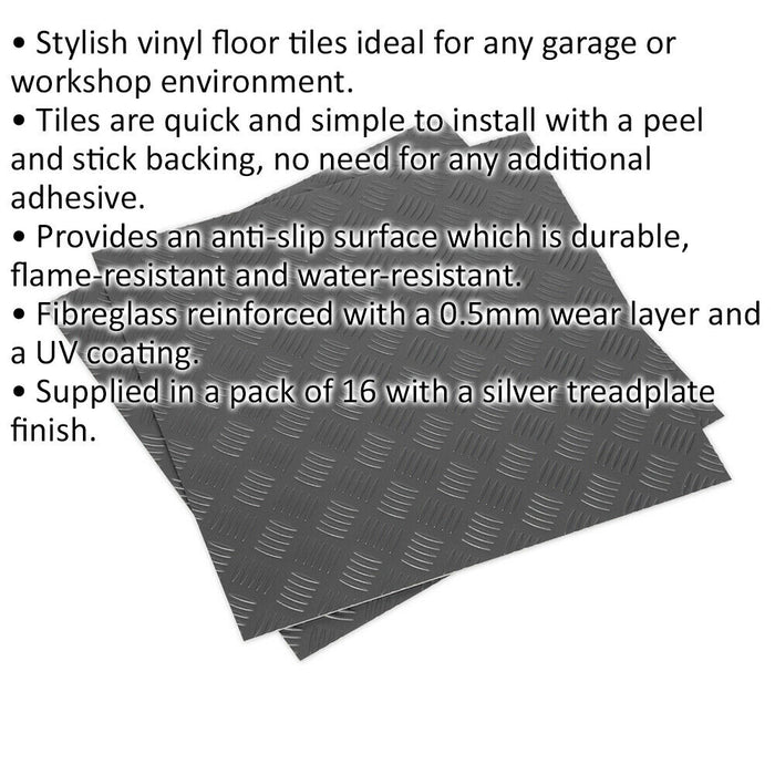 16 PACK Vinyl Floor Tile - Peel & Stick Backing - 457.2 x 457.2mm - Silver Tread Loops