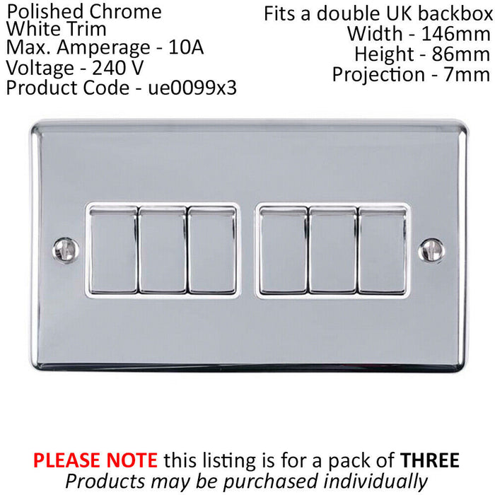 3 PACK 6 Gang Metal Multi Light Switch POLISHED CHROME 2 Way 10A White Trim Loops