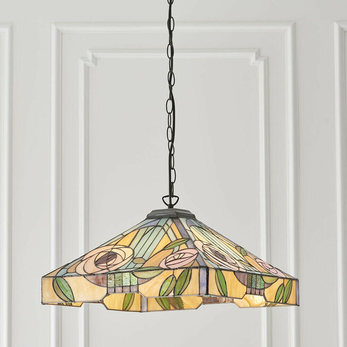 Tiffany Glass Hanging Ceiling Pendant Light Bronze & Square Rose Shade i00155 Loops