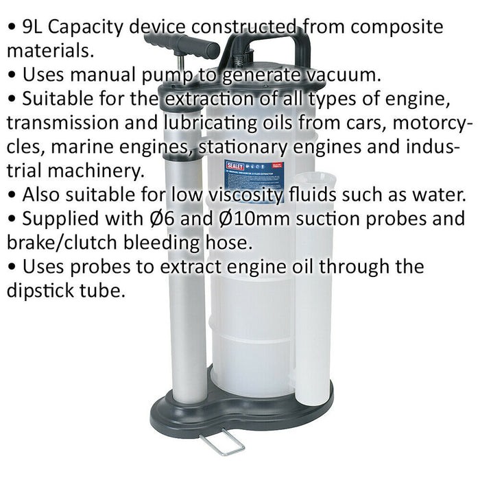 9L Oil & Fluid Extractor - Manual Vacuum Pump - 2 Suction Probes & Extension Loops